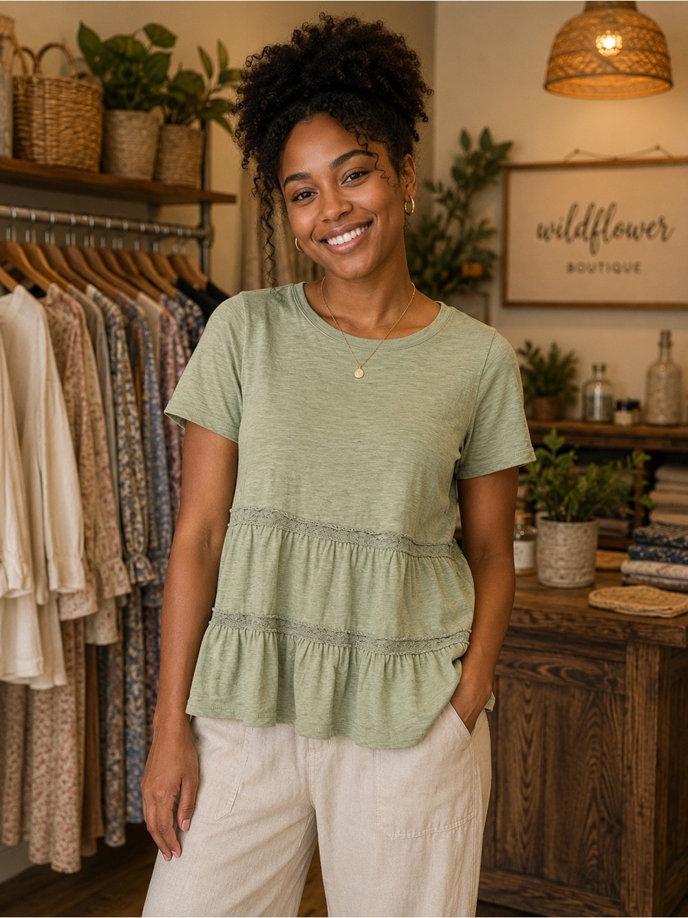 Como Vintage Sage Green Short Sleeve Peplum Tee EUC Size L